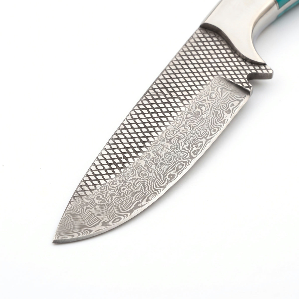 Ridgeback 9" Damascus Hunting Knife | Turquoise, Damascus blade close-up