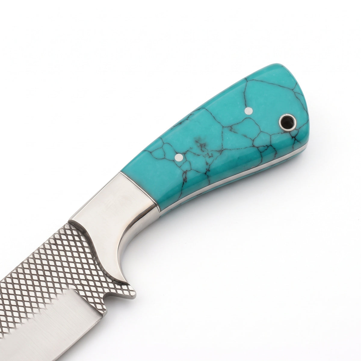 Ridgeback 9" Damascus Hunting Knife | Turquoise, handle and fittings close-up
