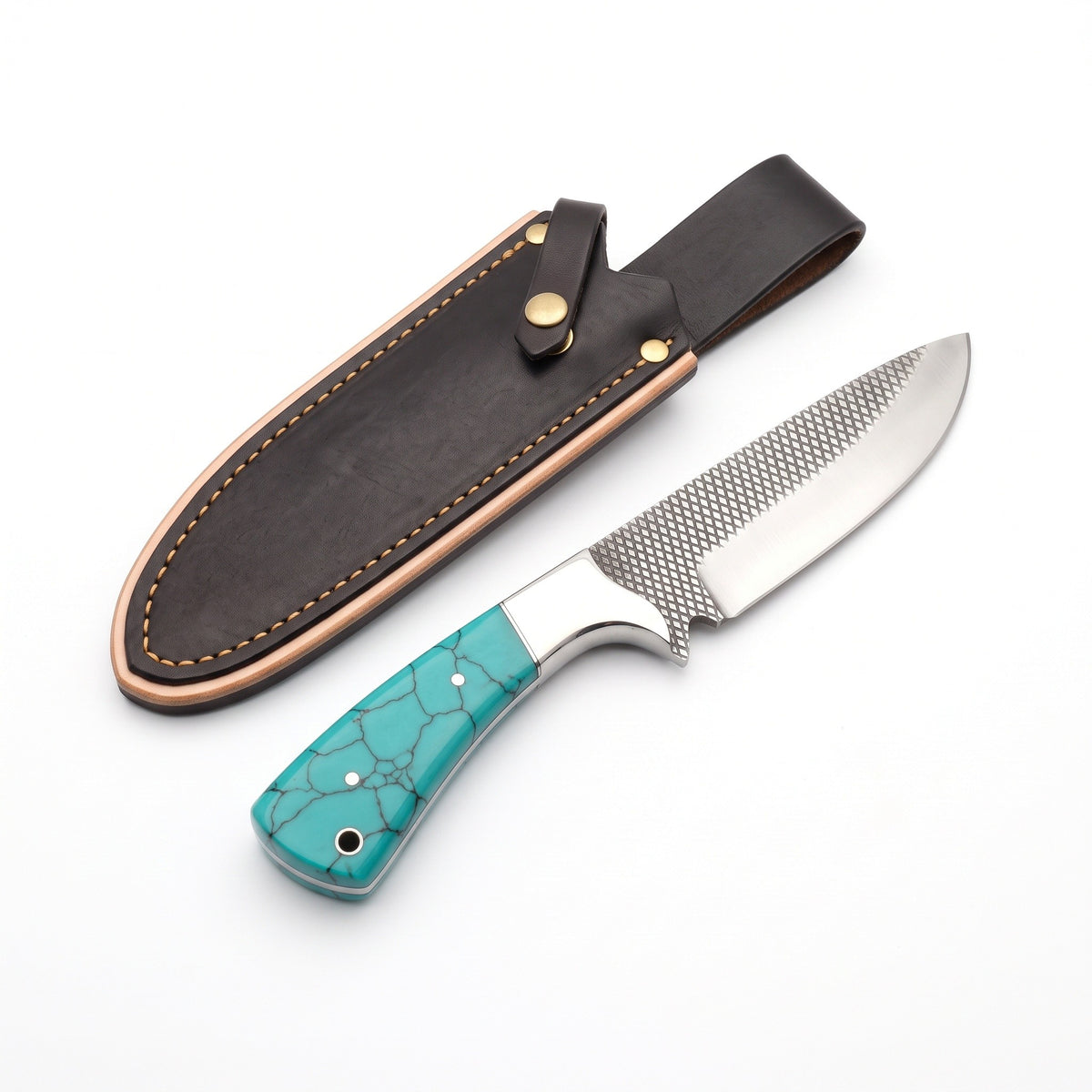 Ridgeback 9" Damascus Hunting Knife | Turquoise, three-quarter view with the Crownridge sheath