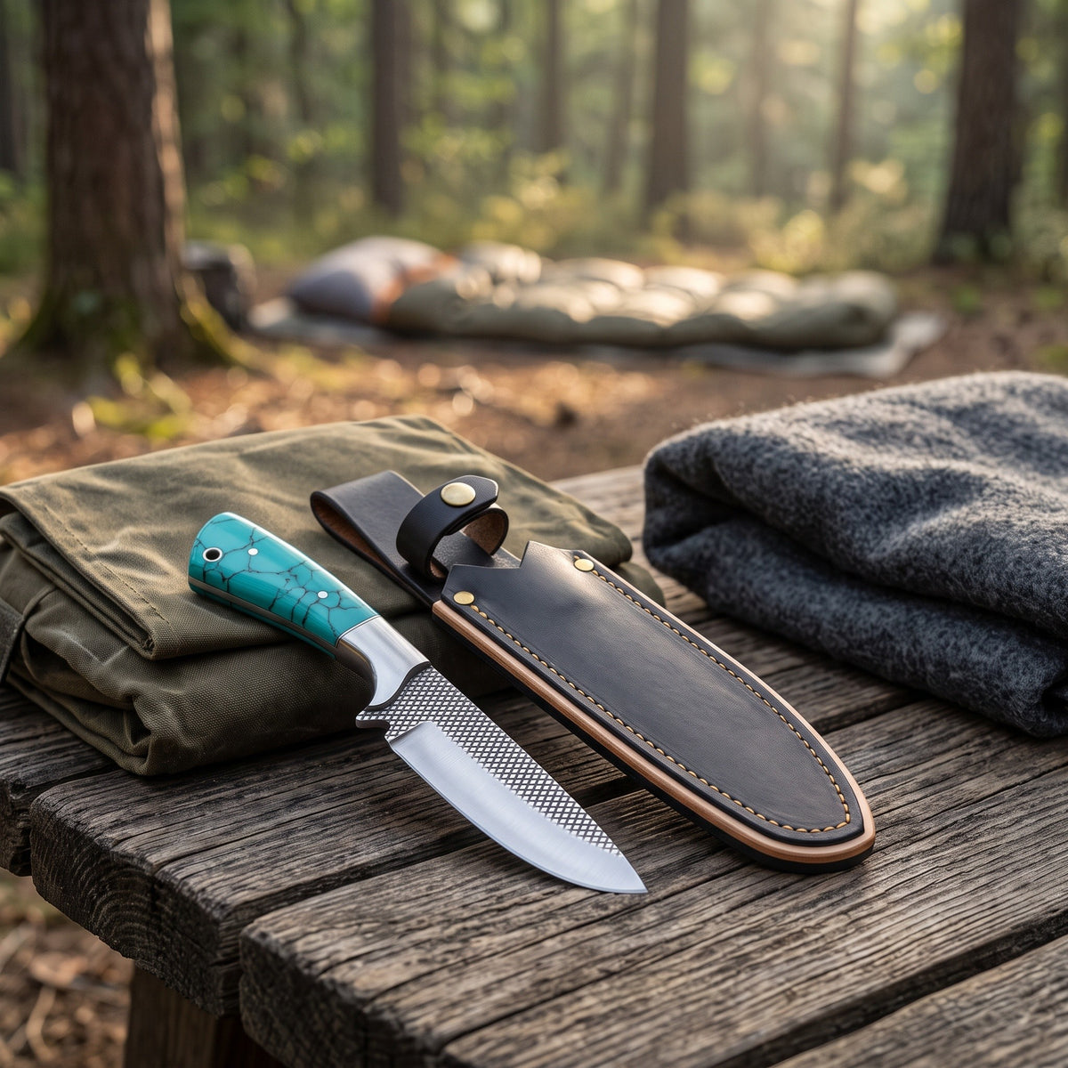 Ridgeback 9" Damascus Hunting Knife | Turquoise, with the Crownridge sheath in use