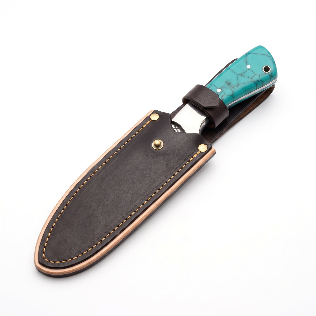 Ridgeback 9" Damascus Hunting Knife | Turquoise, seated in the Crownridge sheath