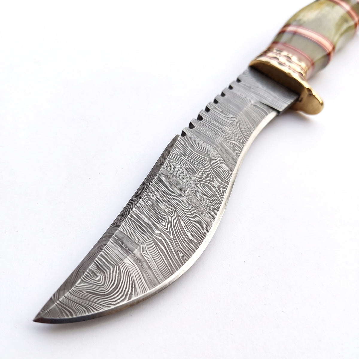 Summit 12.5" Damascus Kukri | Bone & Brass, Damascus blade close-up
