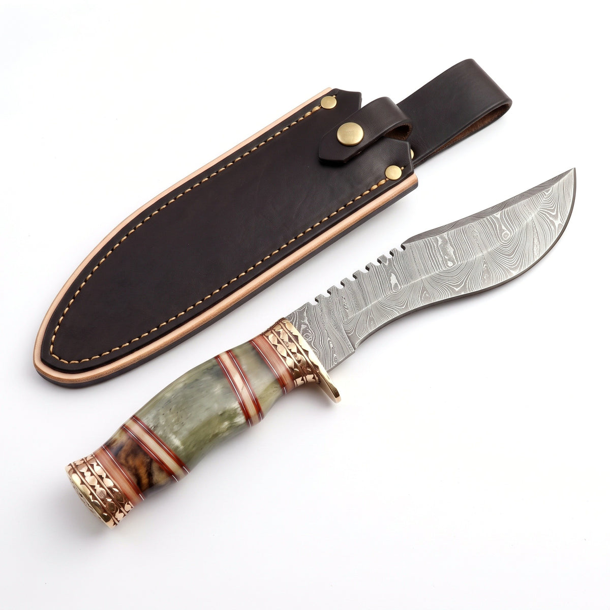 Summit 12.5" Damascus Kukri | Bone & Brass, three-quarter view with the Crownridge sheath