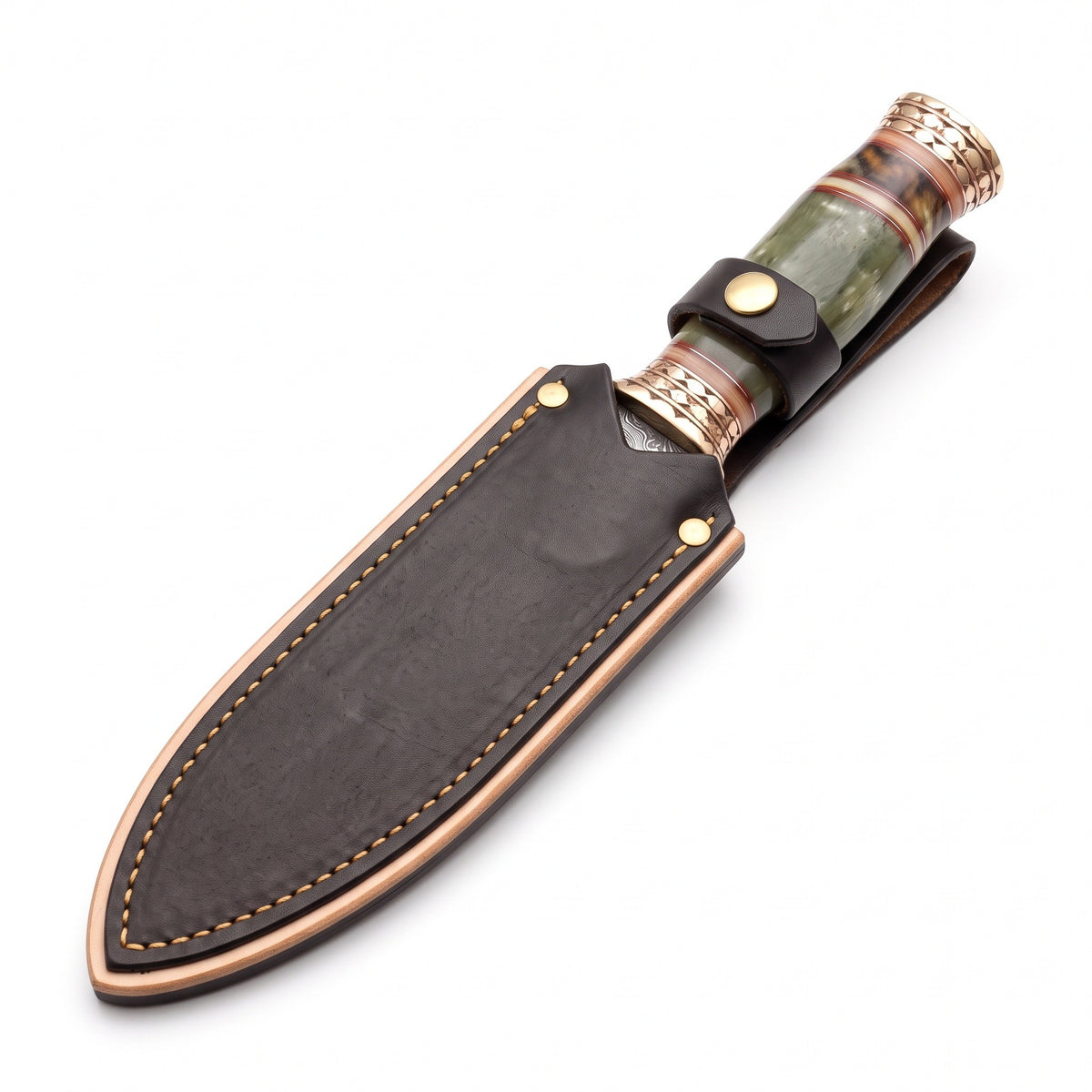 Summit 12.5" Damascus Kukri | Bone & Brass, seated in the Crownridge sheath