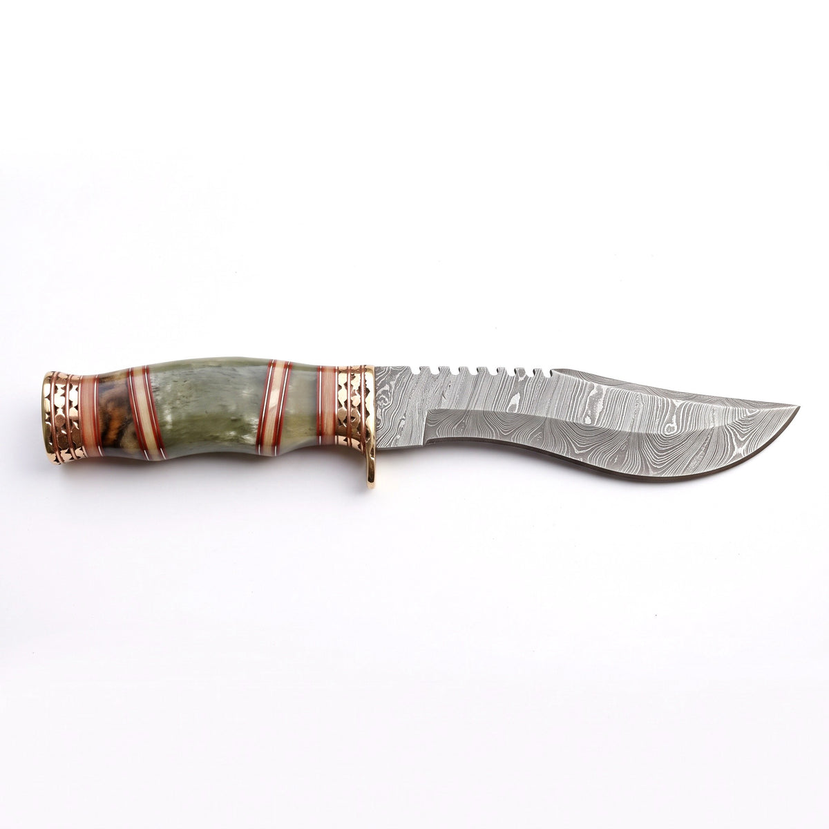 Summit 12.5" Damascus Kukri | Bone & Brass, side profile on white