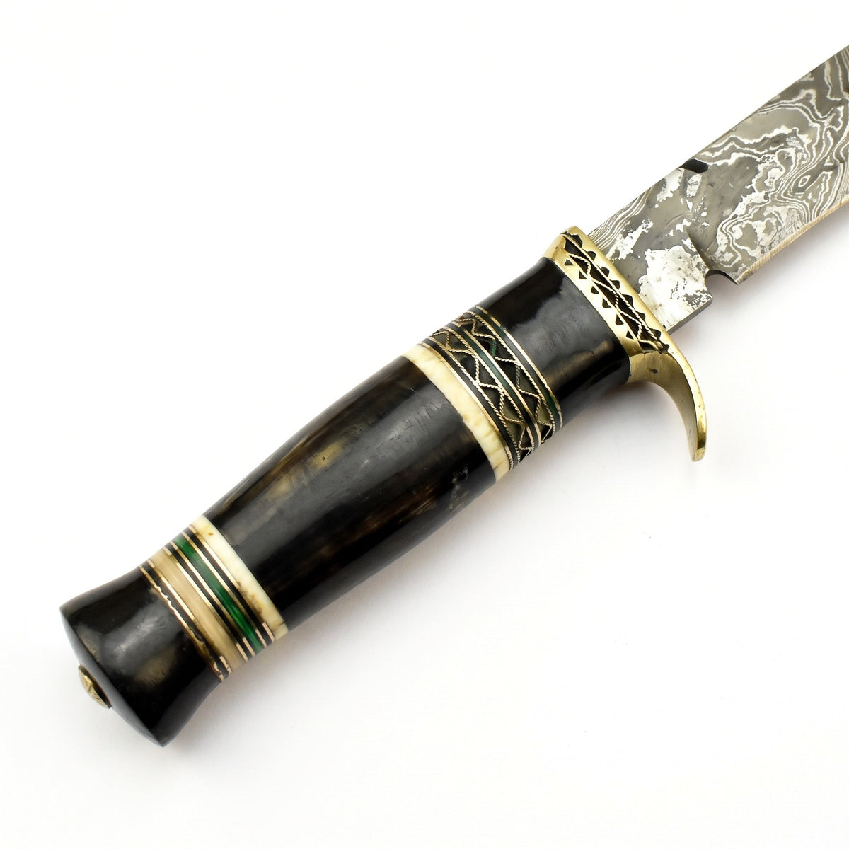 Summit 15" Damascus Kukri | Buffalo Horn & Brass, handle and fittings close-up