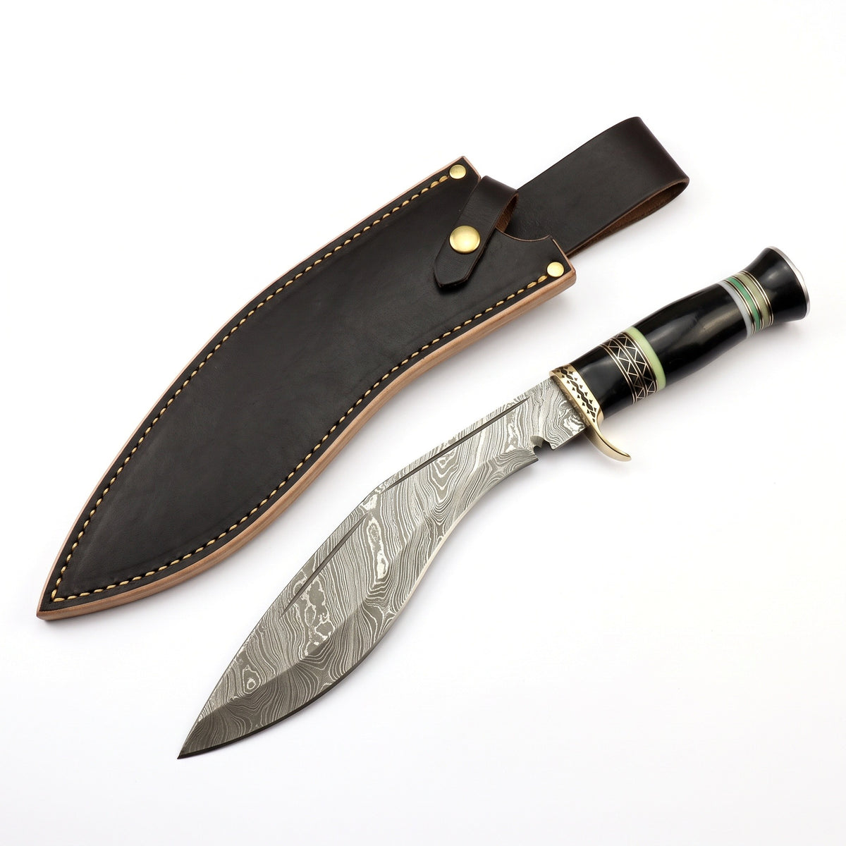 Summit 15" Damascus Kukri | Buffalo Horn & Brass, three-quarter view with the Crownridge sheath
