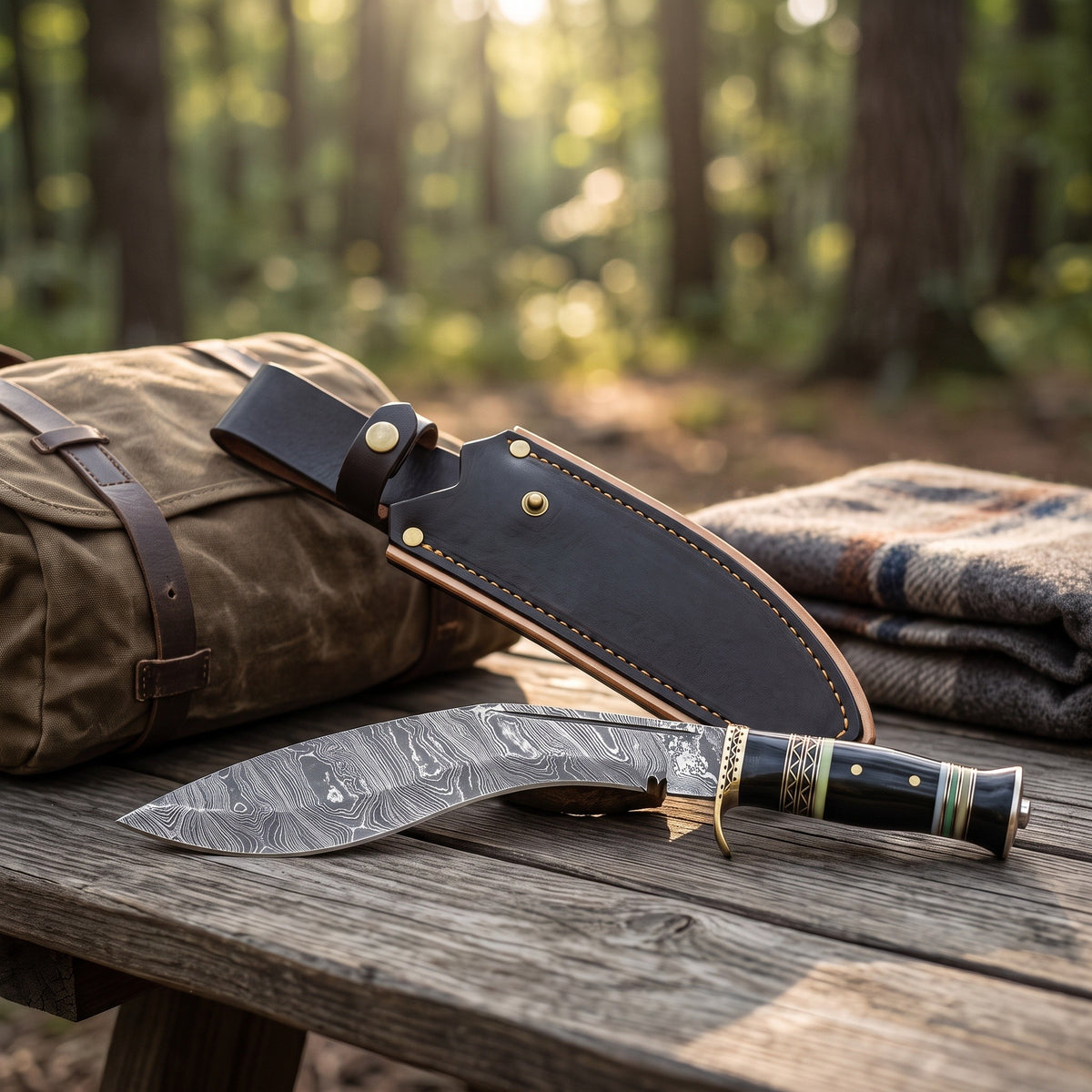 Summit 15" Damascus Kukri | Buffalo Horn & Brass, with the Crownridge sheath in use