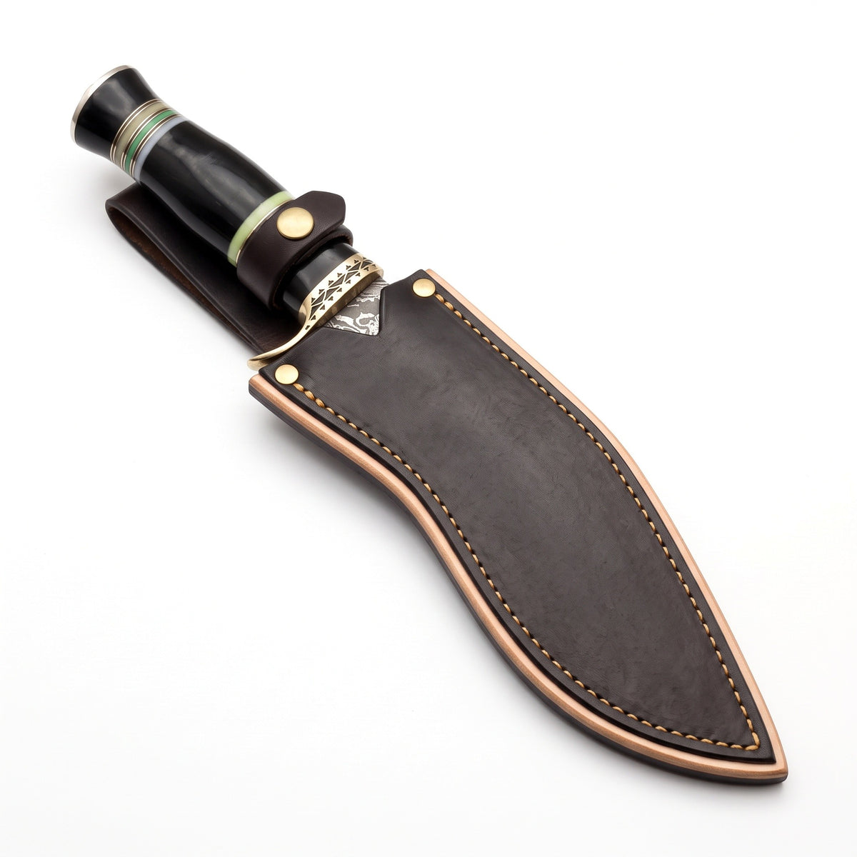 Summit 15" Damascus Kukri | Buffalo Horn & Brass, seated in the Crownridge sheath