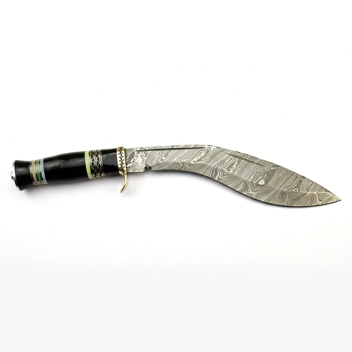Summit 15" Damascus Kukri | Buffalo Horn & Brass, side profile on white