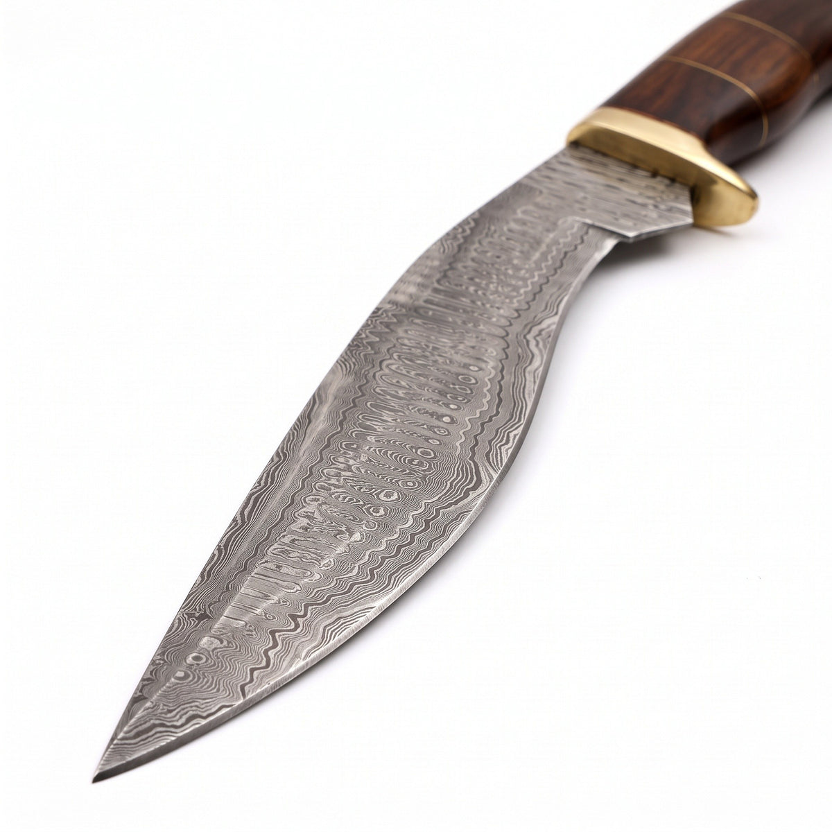 Summit 15" Damascus Kukri | Hardwood & Brass, Damascus blade close-up