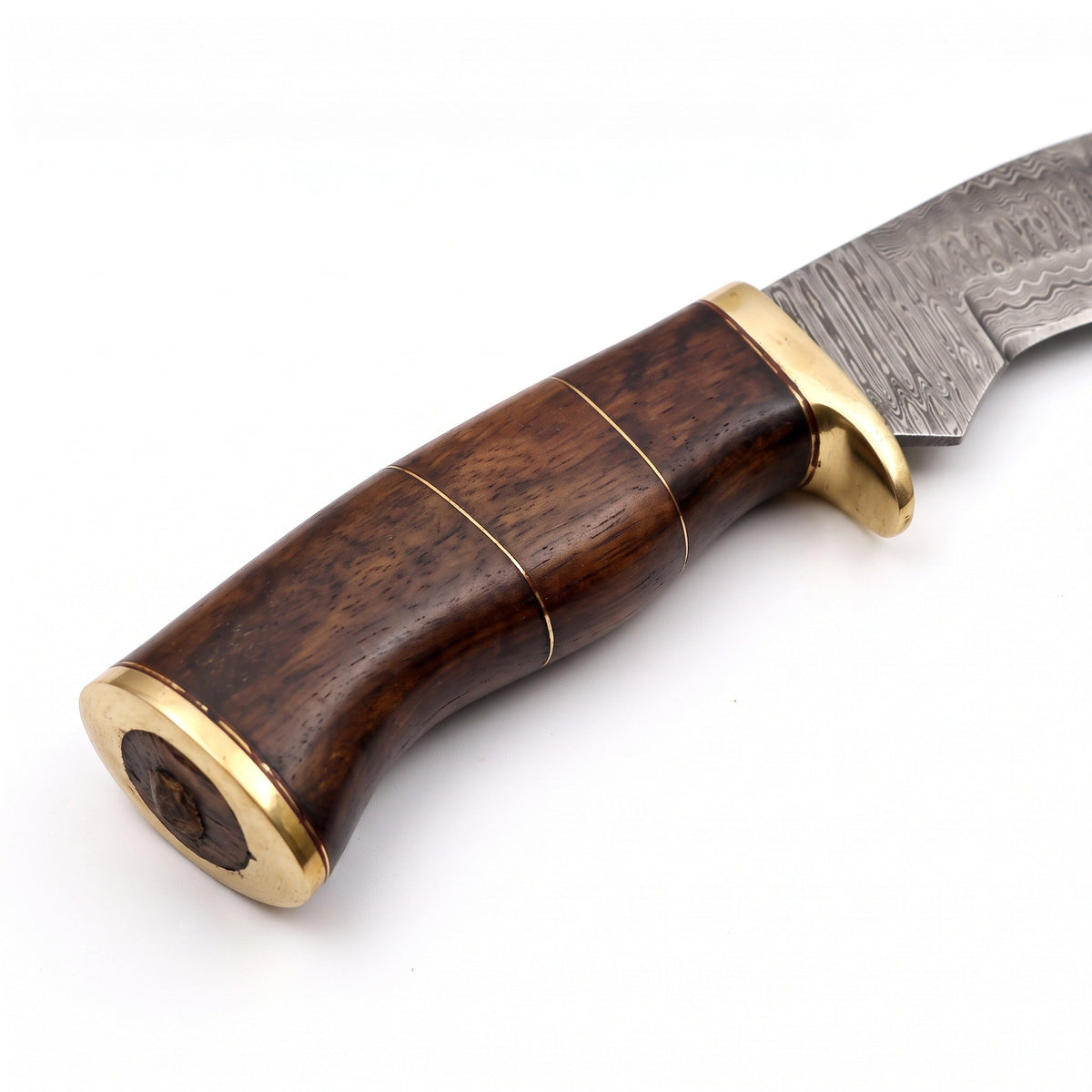 Summit 15" Damascus Kukri | Hardwood & Brass, handle and fittings close-up