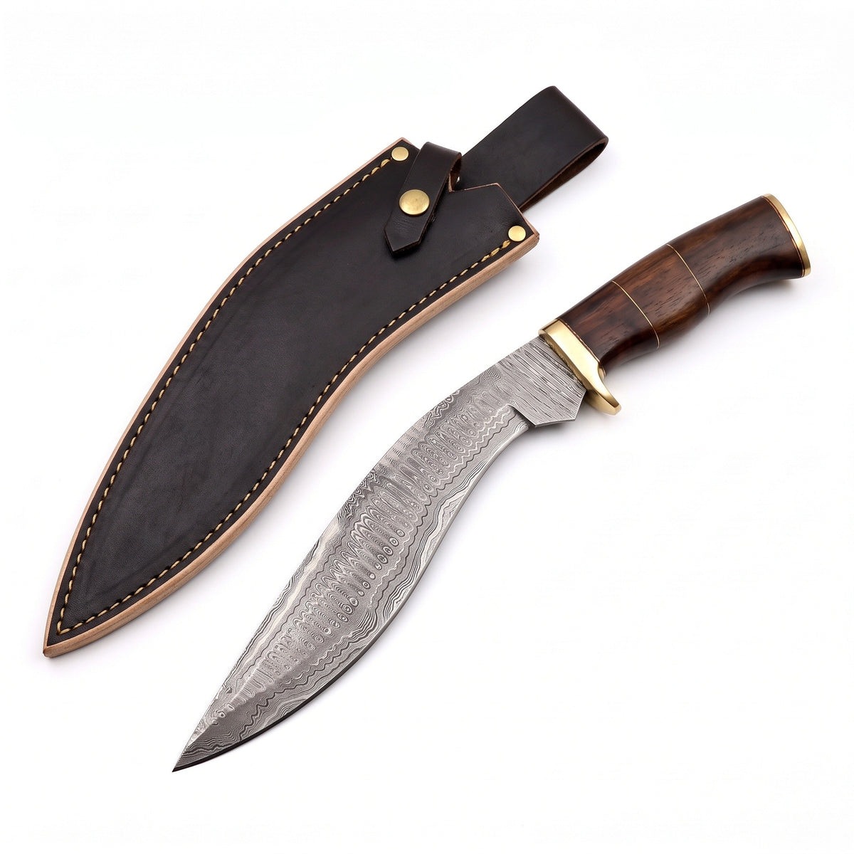Summit 15" Damascus Kukri | Hardwood & Brass, three-quarter view with the Crownridge sheath