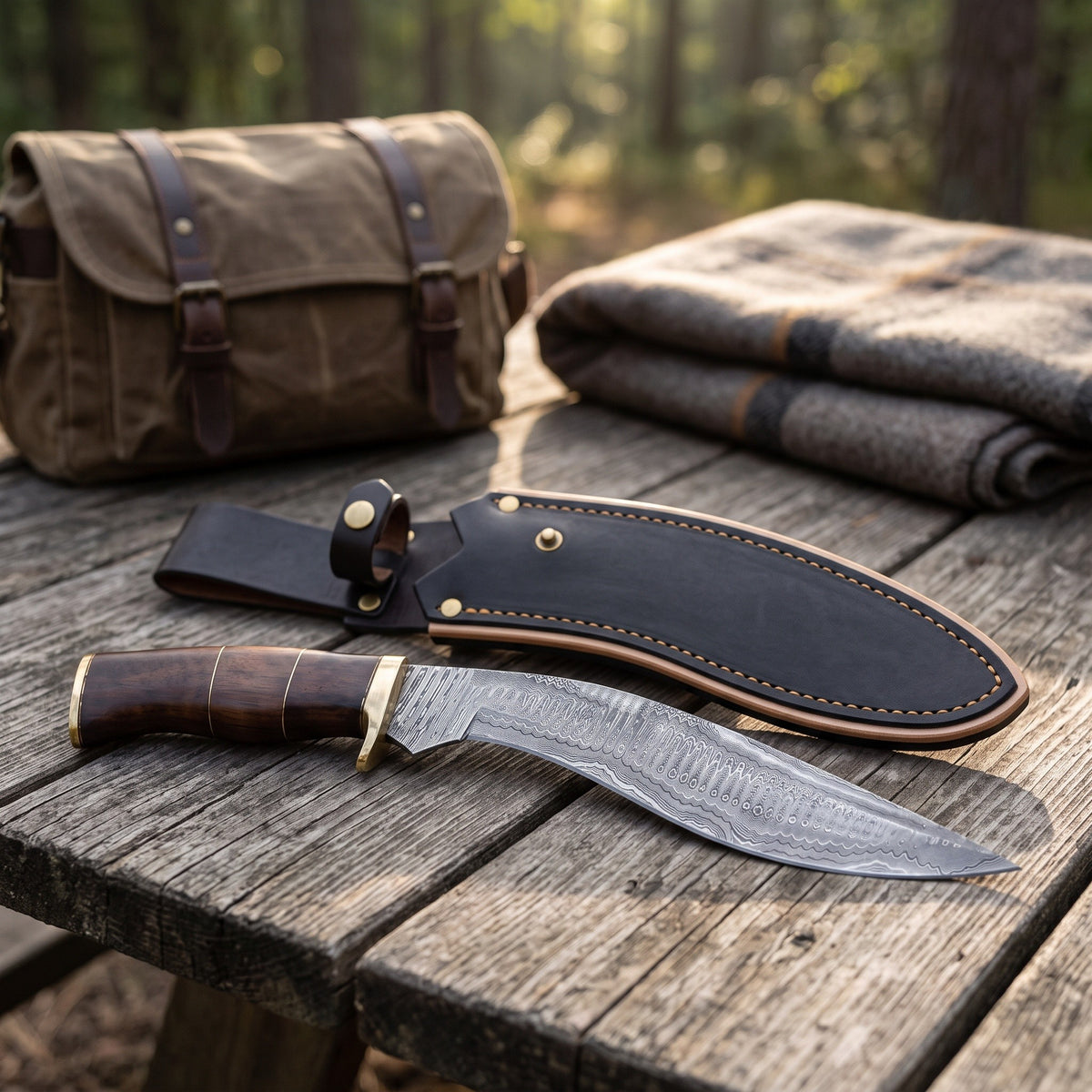 Summit 15" Damascus Kukri | Hardwood & Brass, with the Crownridge sheath in use