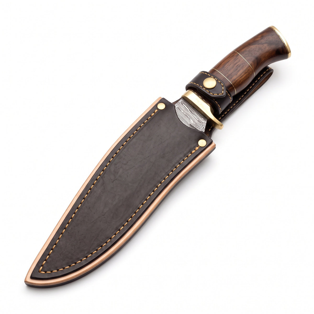 Summit 15" Damascus Kukri | Hardwood & Brass, seated in the Crownridge sheath