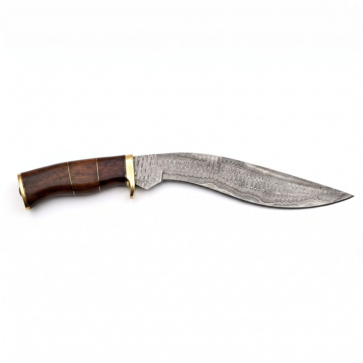 Summit 15" Damascus Kukri | Hardwood & Brass, side profile on white