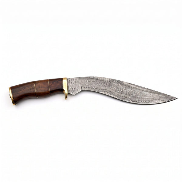Summit 15" Damascus Kukri | Hardwood & Brass, side profile on white