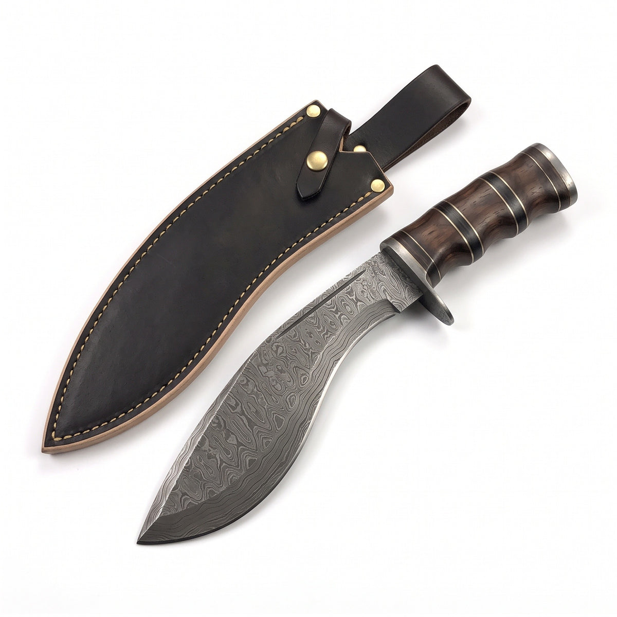 Summit 18" Damascus Kukri | Hardwood, three-quarter view with the Crownridge sheath