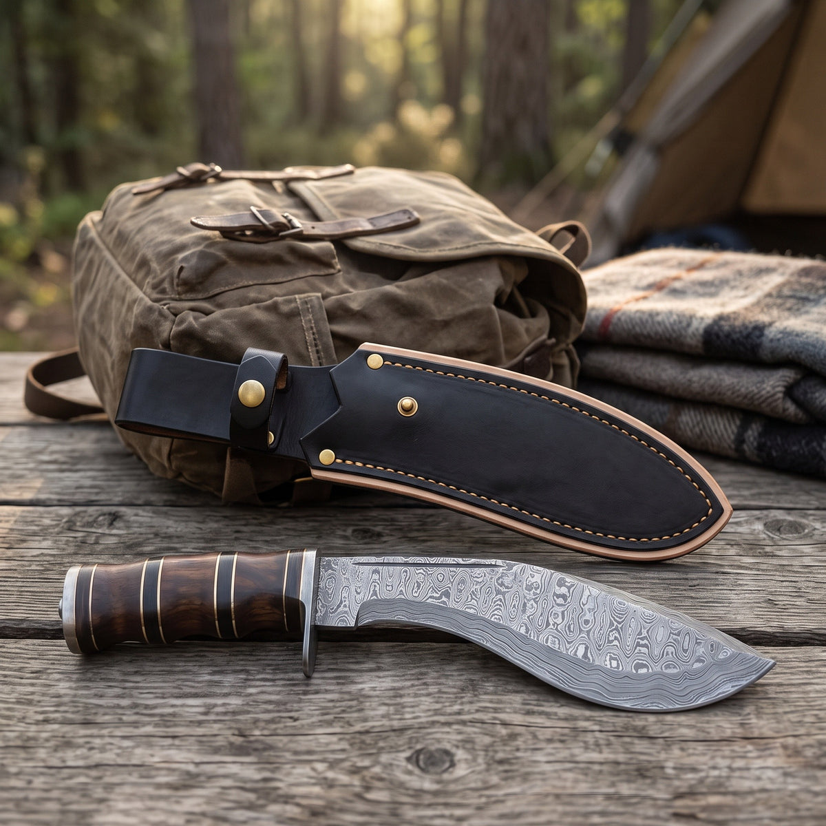 Summit 18" Damascus Kukri | Hardwood, with the Crownridge sheath in use