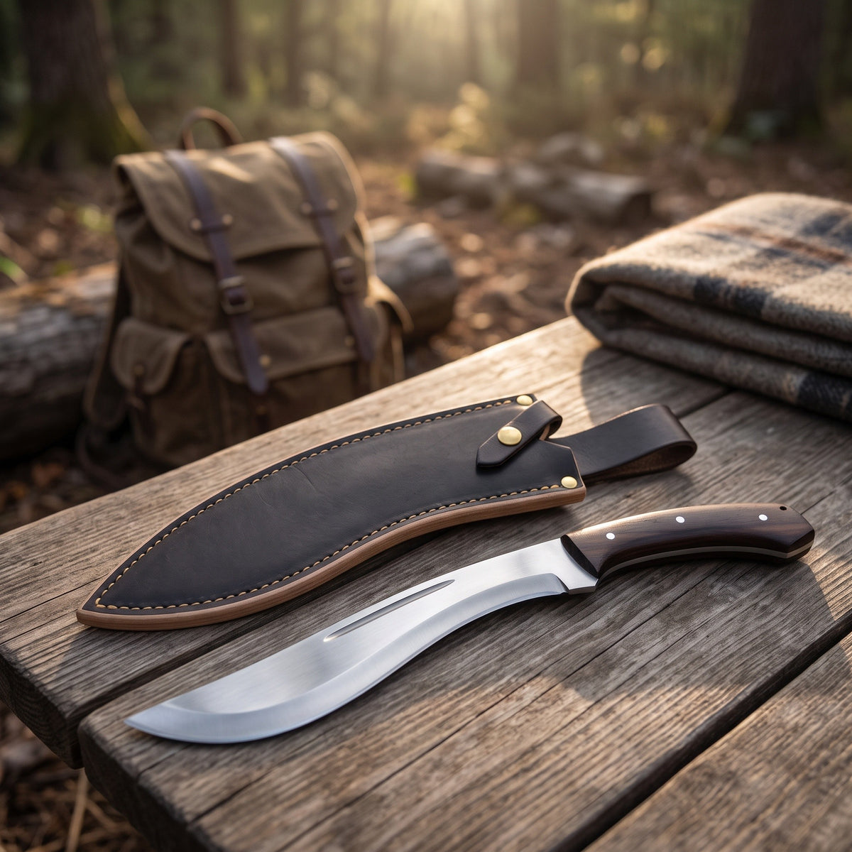 Summit 18" Satin Steel Kukri | Hardwood, with the Crownridge sheath in use
