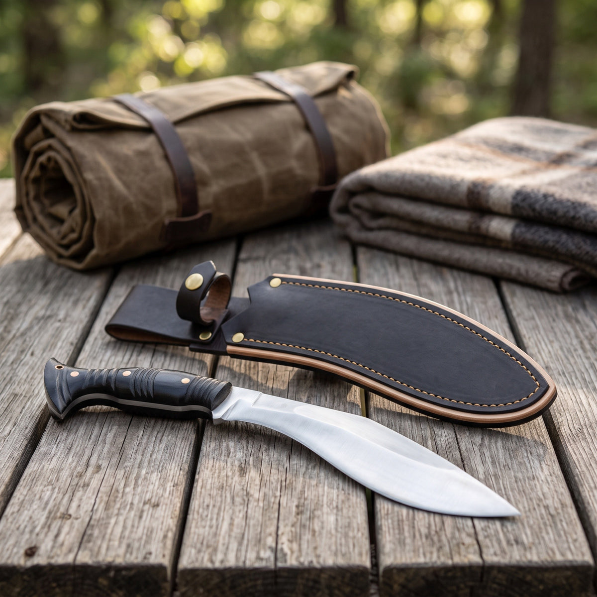 Summit 22" Satin Steel Kukri | Black Micarta, with the Crownridge sheath in use