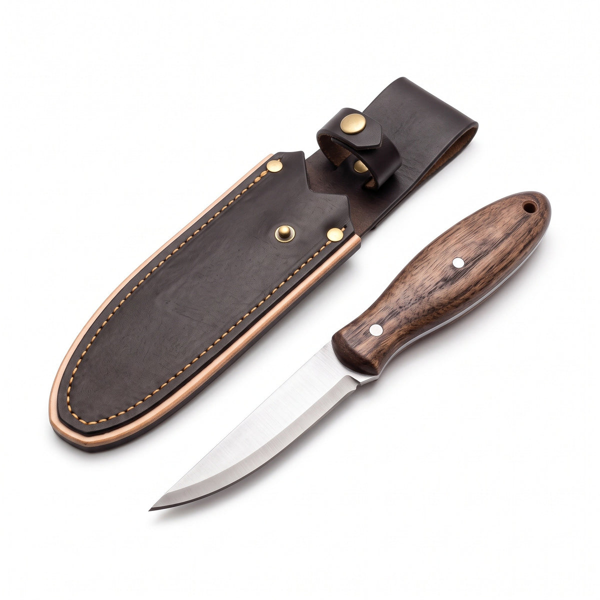 Timber 7" Carbon Steel Wood Carving Knife | Ash, three-quarter view with the Crownridge sheath