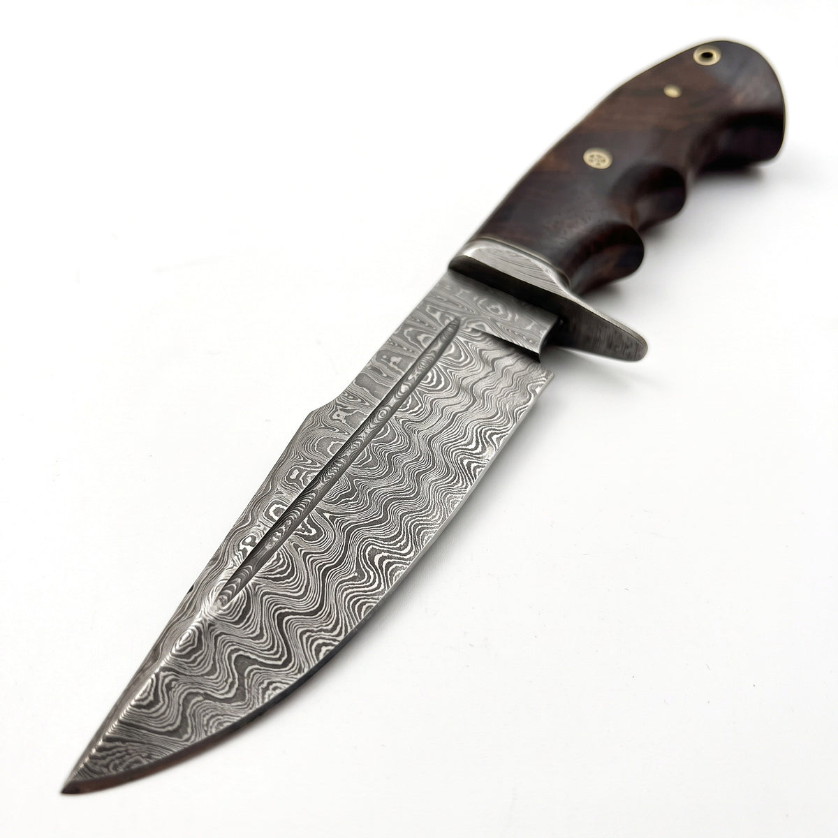 Timber 10" Damascus Bushcraft Knife | Walnut, Damascus blade close-up