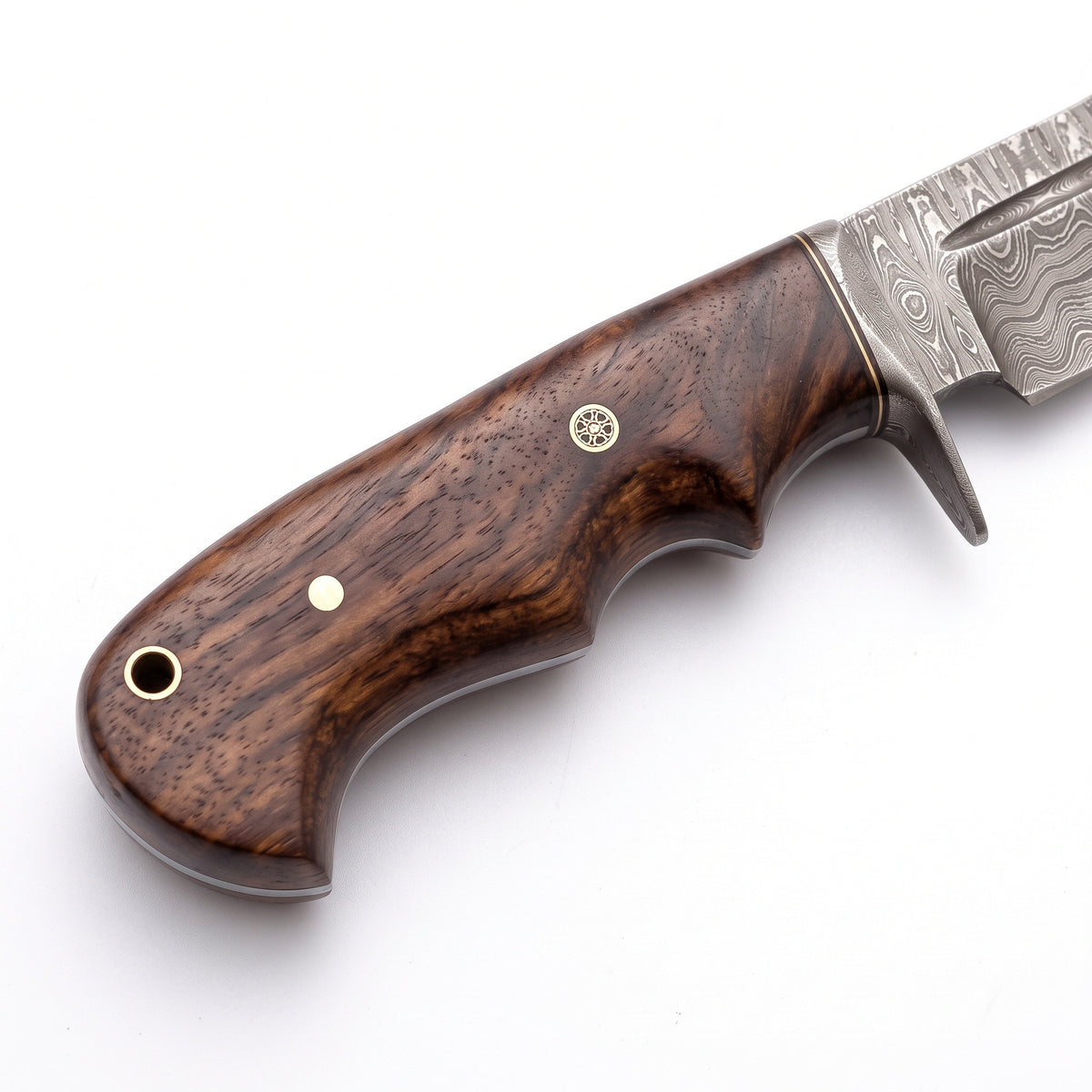 Timber 10" Damascus Bushcraft Knife | Walnut, handle and fittings close-up