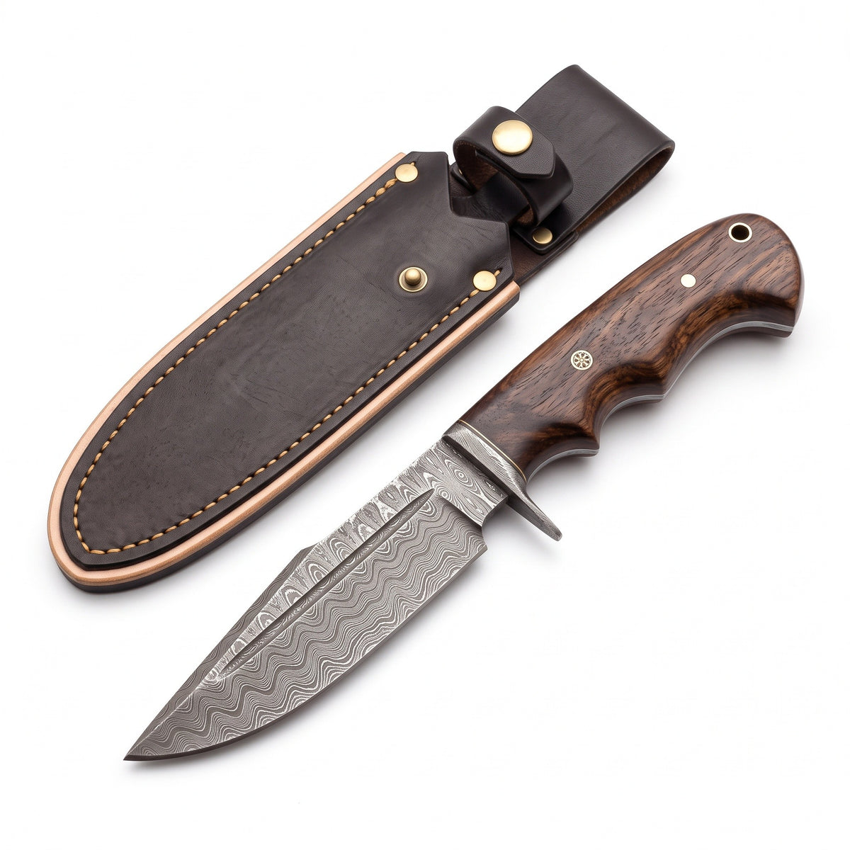 Timber 10" Damascus Bushcraft Knife | Walnut, three-quarter view with the Crownridge sheath