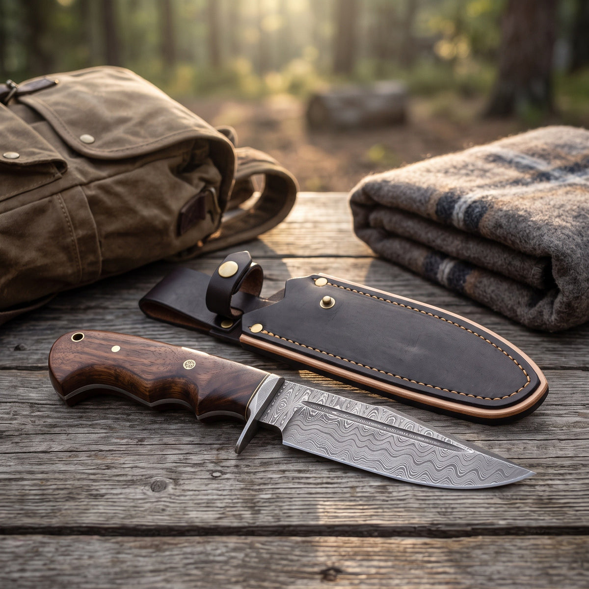 Timber 10" Damascus Bushcraft Knife | Walnut, with the Crownridge sheath in use
