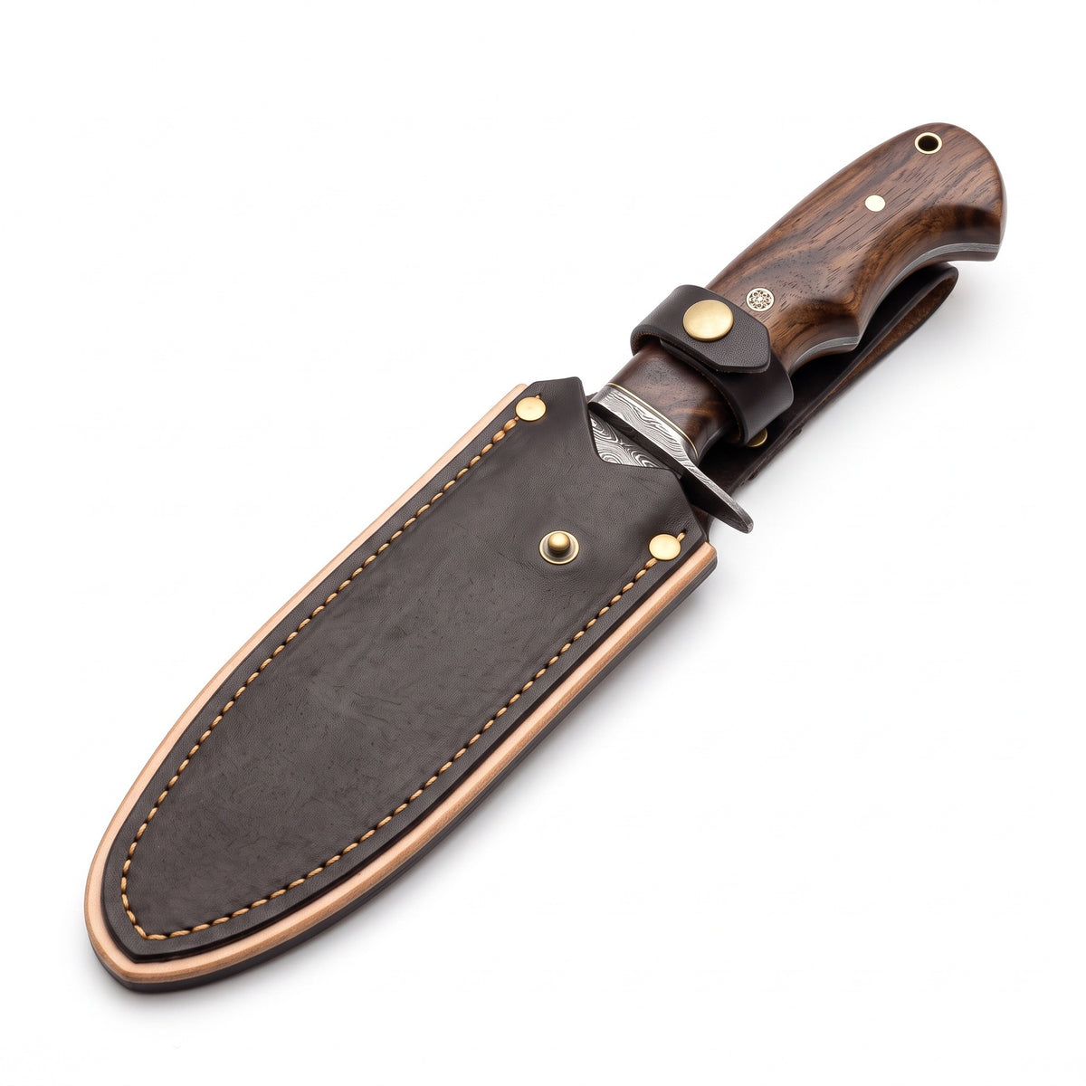 Timber 10" Damascus Bushcraft Knife | Walnut, seated in the Crownridge sheath