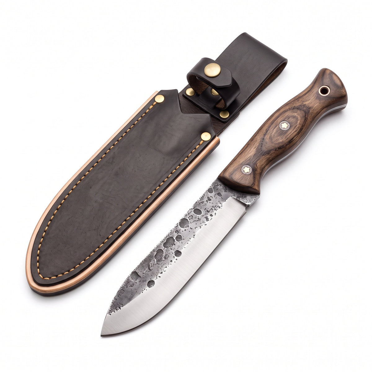 Timber 15" Carbon Steel Camp Knife | Ash, three-quarter view with the Crownridge sheath