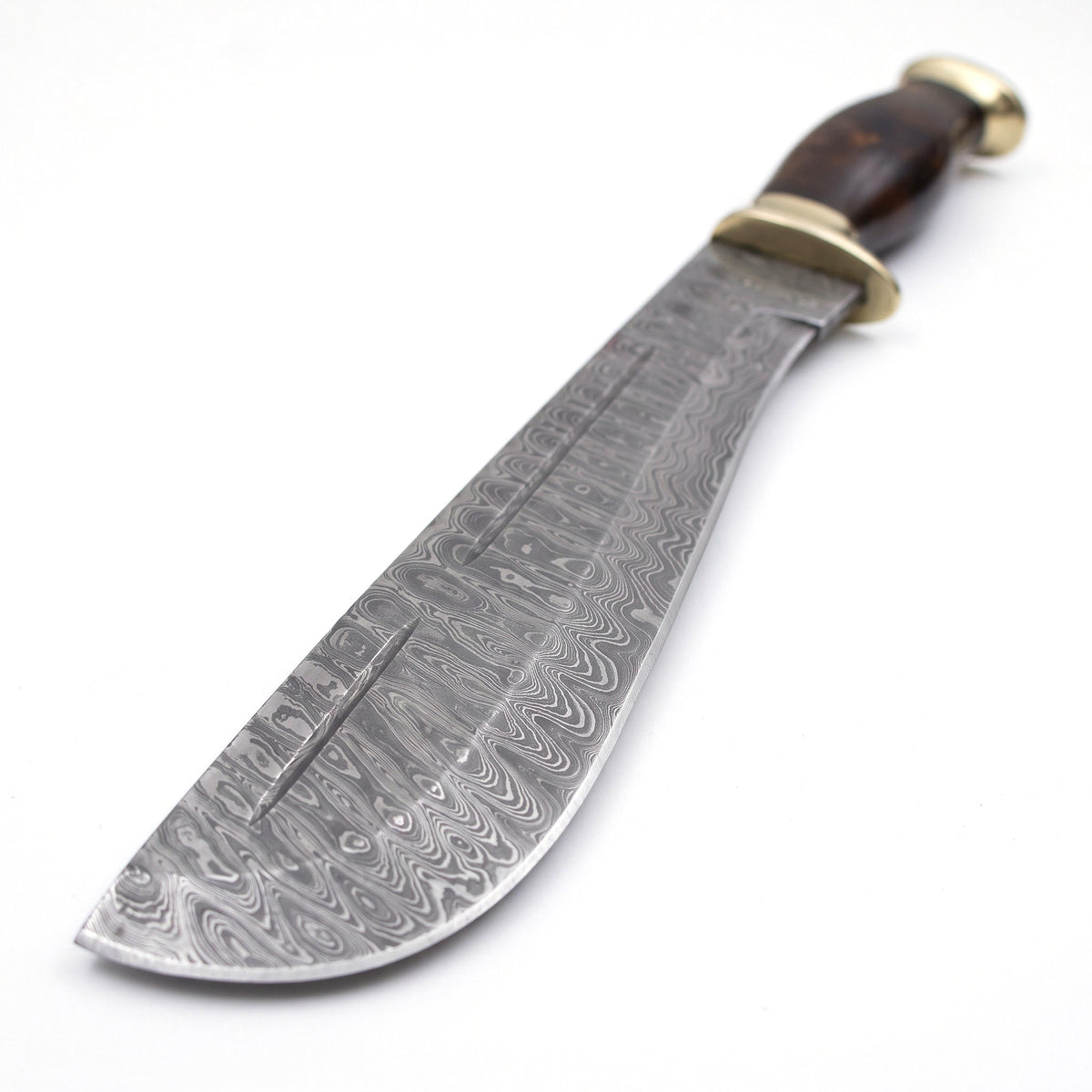 Timber 15" Damascus Camp Machete | Horn, Damascus blade close-up