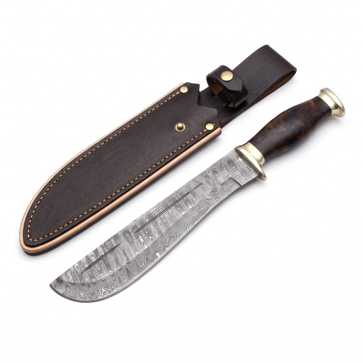 Timber 15" Damascus Camp Machete | Horn, three-quarter view with the Crownridge sheath
