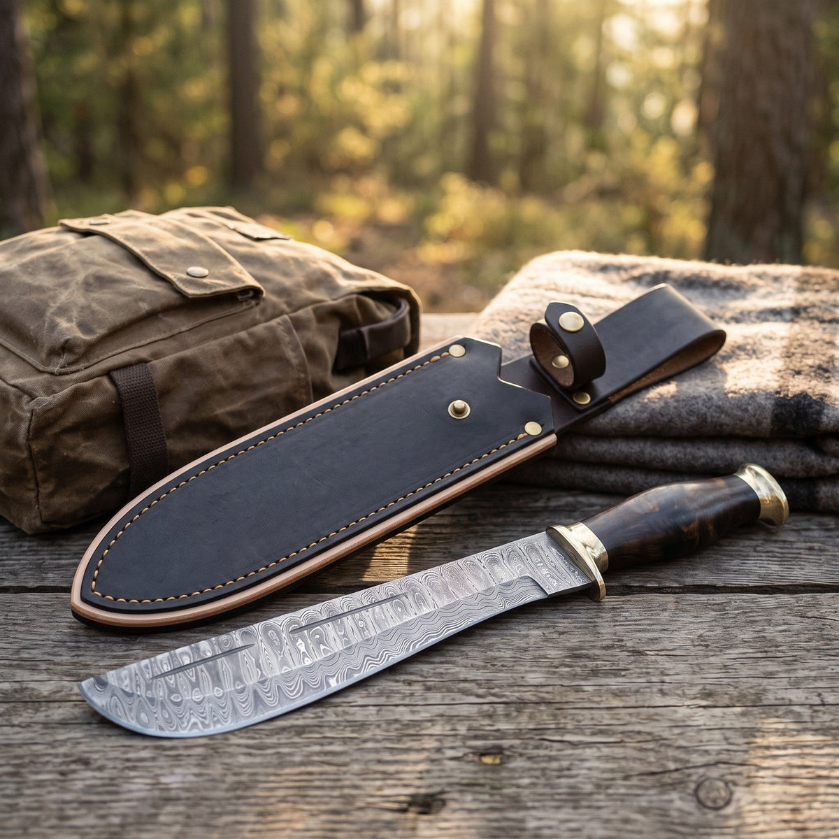 Timber 15" Damascus Camp Machete | Horn, with the Crownridge sheath in use