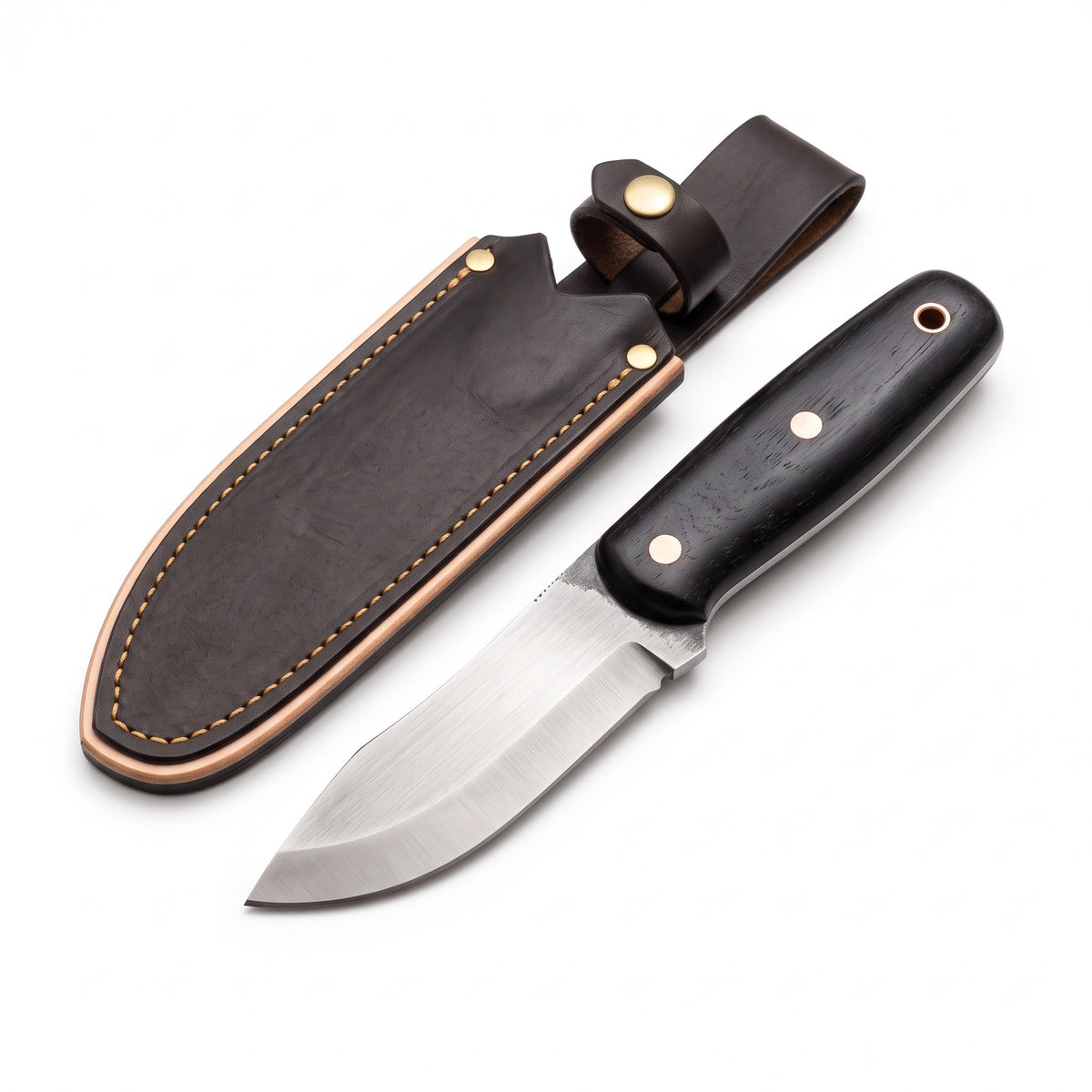 Timber 6.5" Carbon Steel Bushcraft Knife | Hornbeam, three-quarter view with the Crownridge sheath