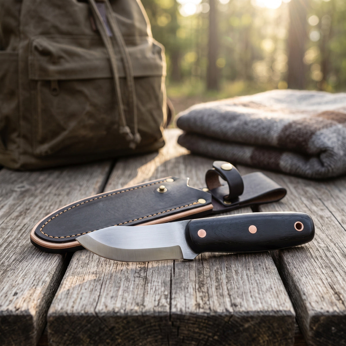 Timber 6.5" Carbon Steel Bushcraft Knife | Hornbeam, with the Crownridge sheath in use