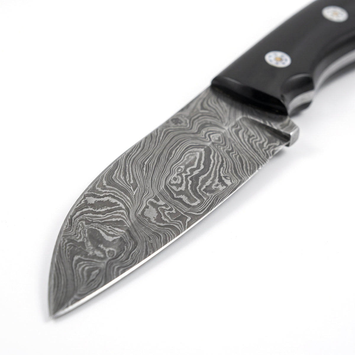 Timber 8.5" Damascus Bushcraft Knife | Buffalo Horn, Damascus blade close-up