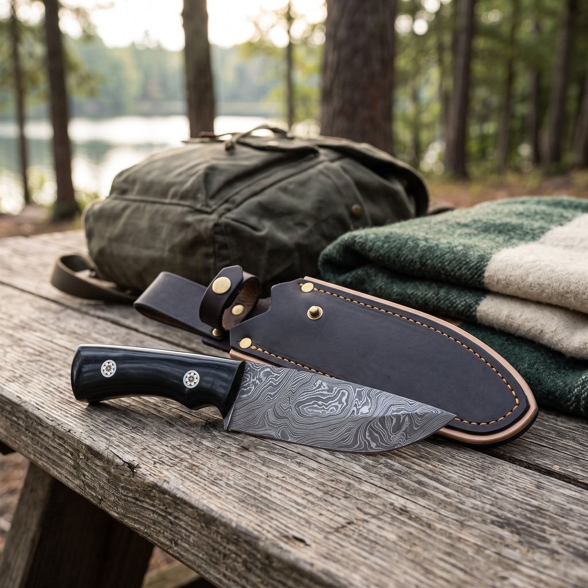 Timber 8.5" Damascus Bushcraft Knife | Buffalo Horn, with the Crownridge sheath in use
