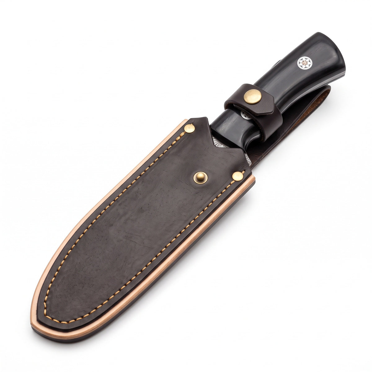 Timber 8.5" Damascus Bushcraft Knife | Buffalo Horn, seated in the Crownridge sheath