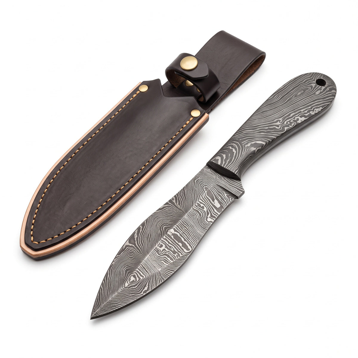 Timber 8" Damascus Camp Knife | Damascus Steel, three-quarter view with the Crownridge sheath