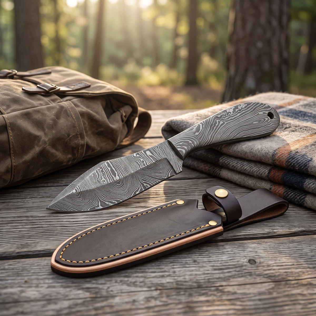 Timber 8" Damascus Camp Knife | Damascus Steel, with the Crownridge sheath in use