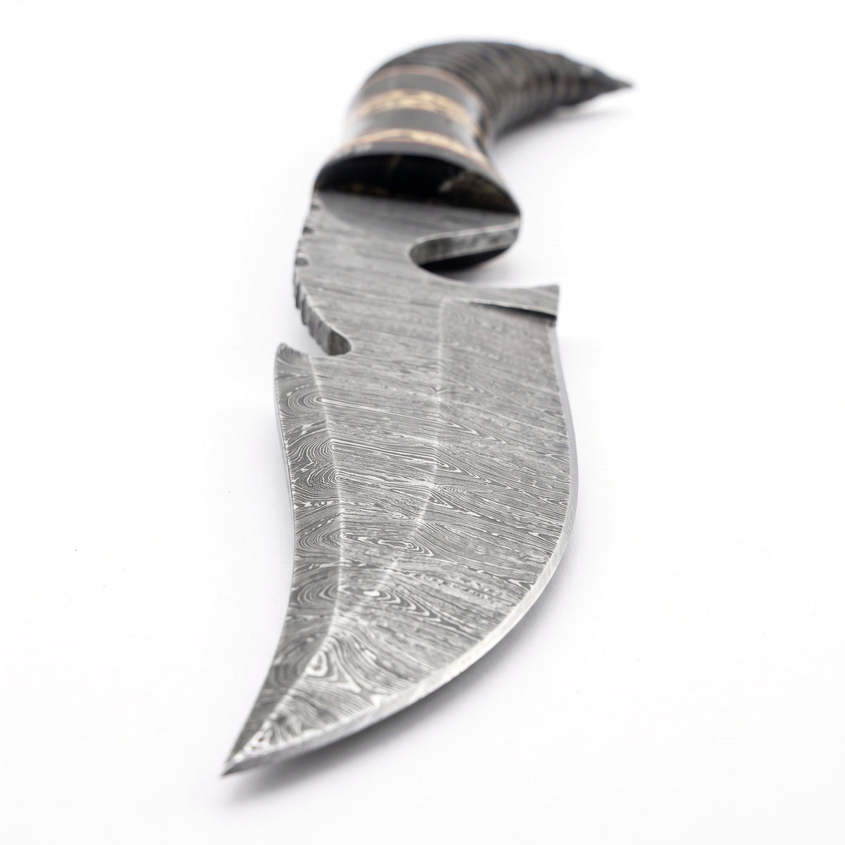Timber 10.5" Damascus Tracker Knife | Buffalo Horn, Damascus blade close-up