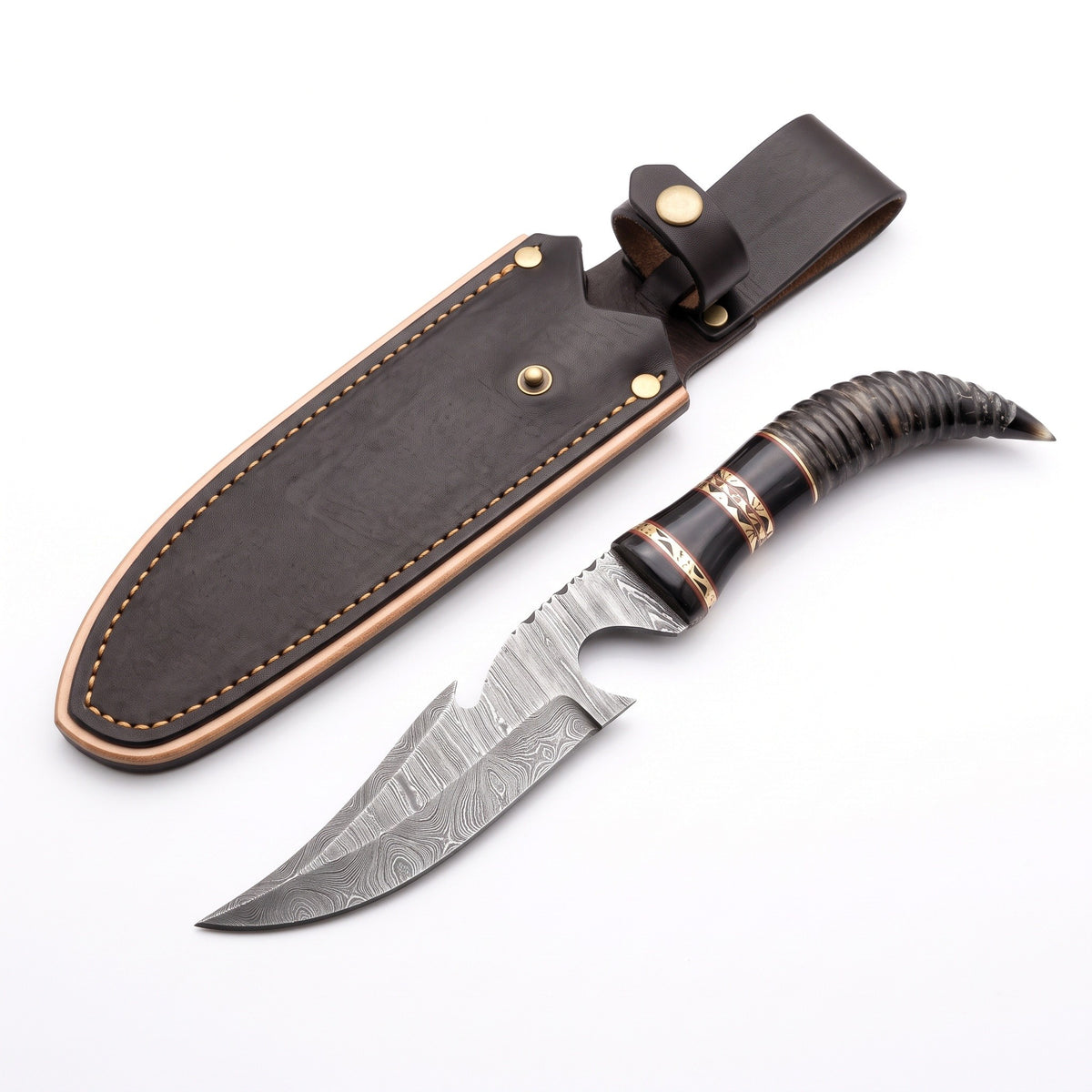 Timber 10.5" Damascus Tracker Knife | Buffalo Horn, three-quarter view with the Crownridge sheath