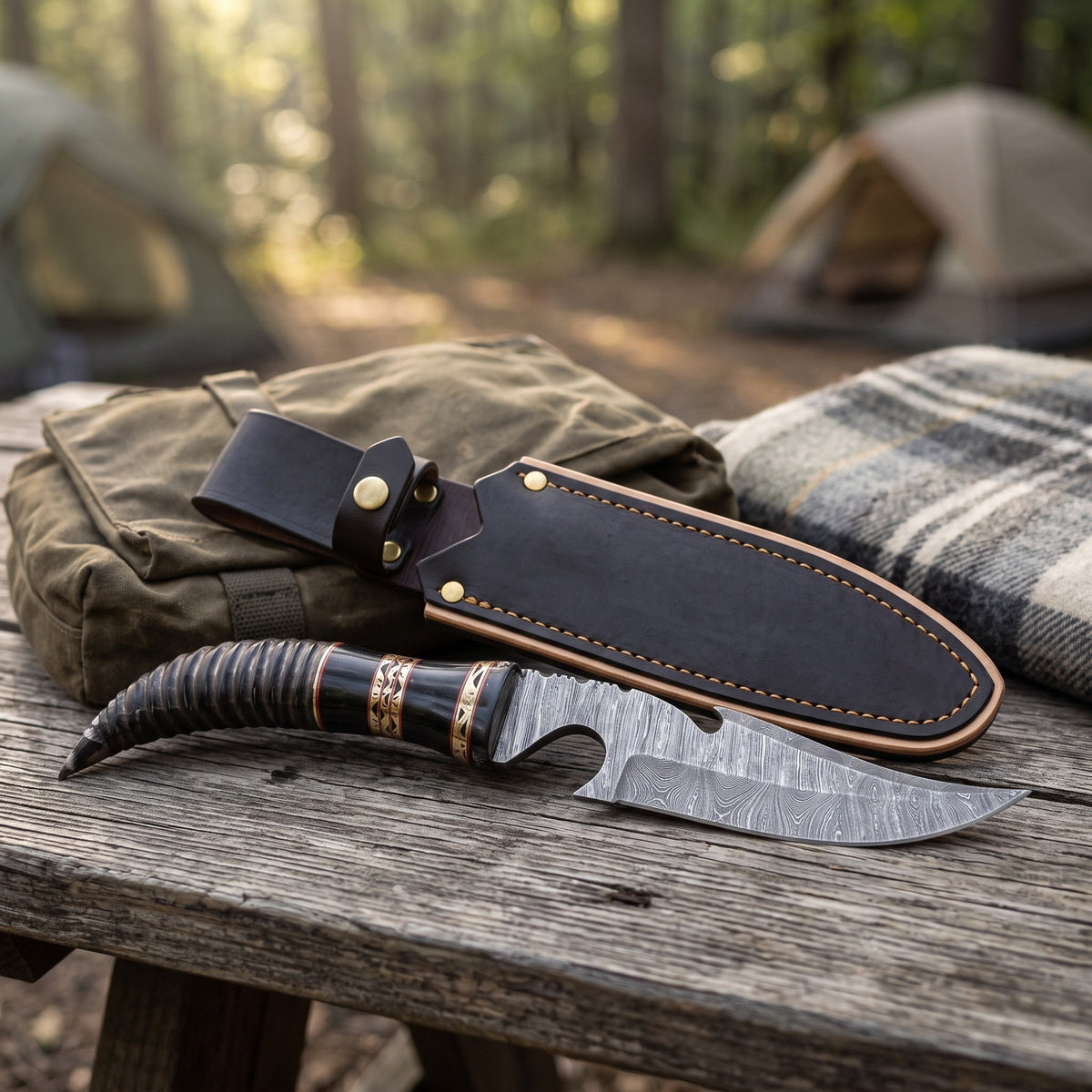 Timber 10.5" Damascus Tracker Knife | Buffalo Horn, with the Crownridge sheath in use