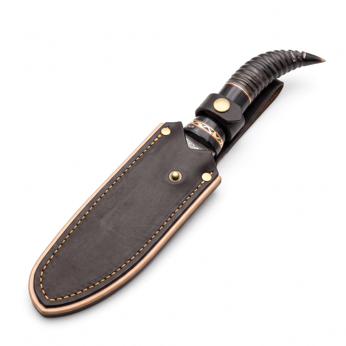 Timber 10.5" Damascus Tracker Knife | Buffalo Horn, seated in the Crownridge sheath