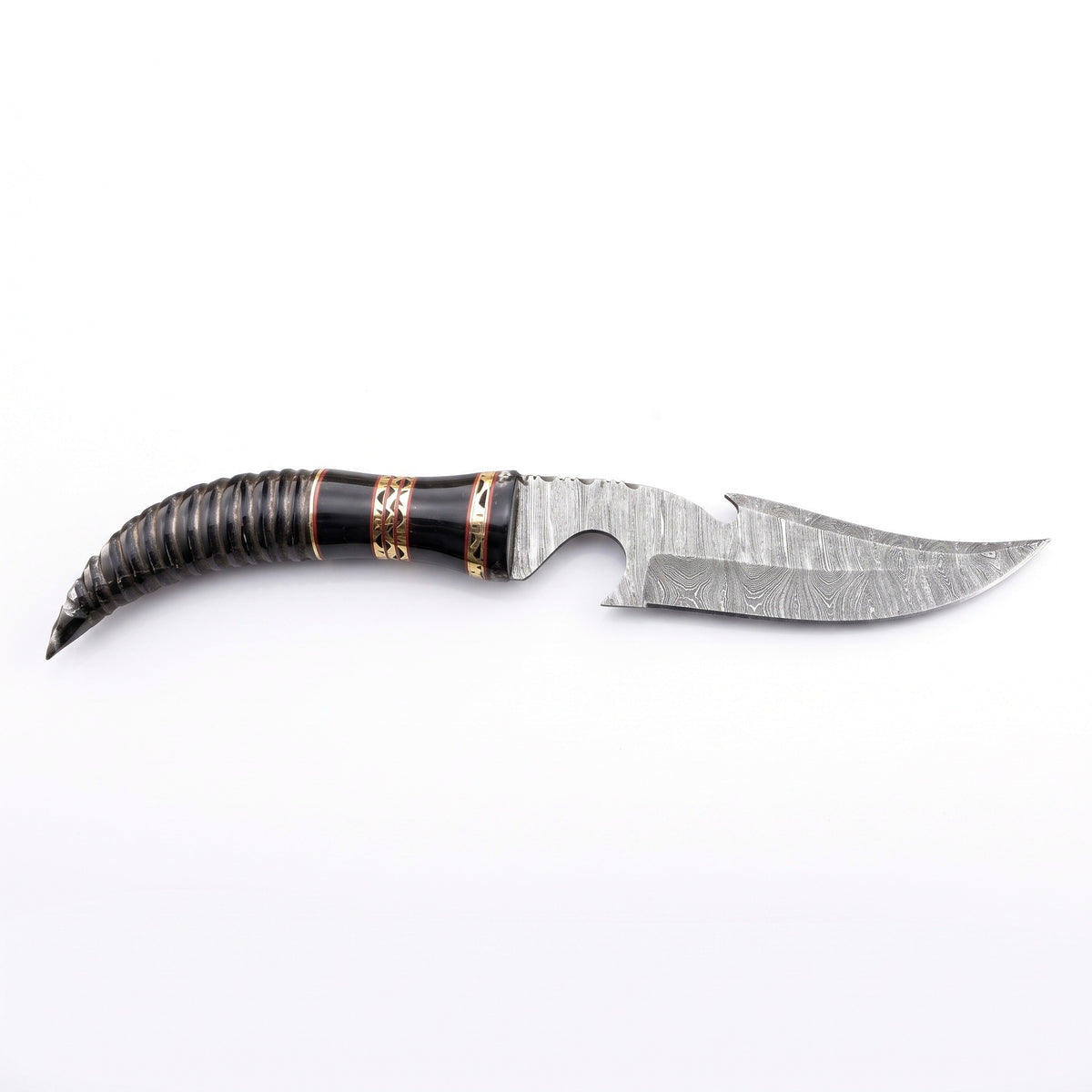 Timber 10.5" Damascus Tracker Knife | Buffalo Horn, side profile on white