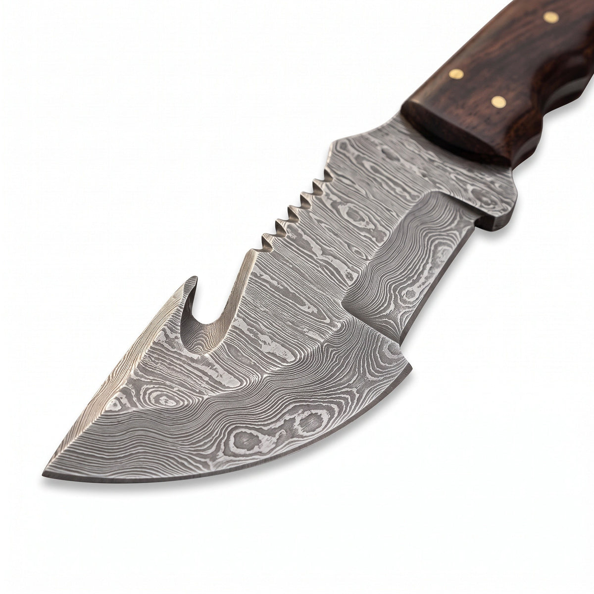 Timber 10.5" Damascus Tracker Knife | Rosewood, Damascus blade close-up