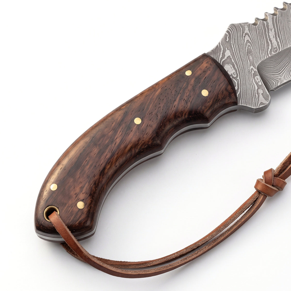 Timber 10.5" Damascus Tracker Knife | Rosewood, handle and fittings close-up