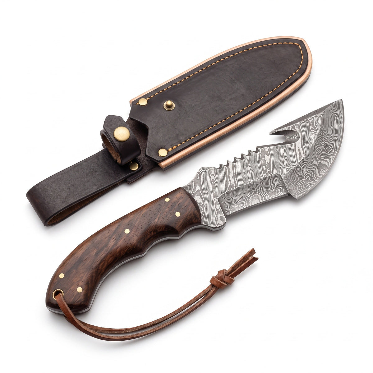 Timber 10.5" Damascus Tracker Knife | Rosewood, three-quarter view with the Crownridge sheath